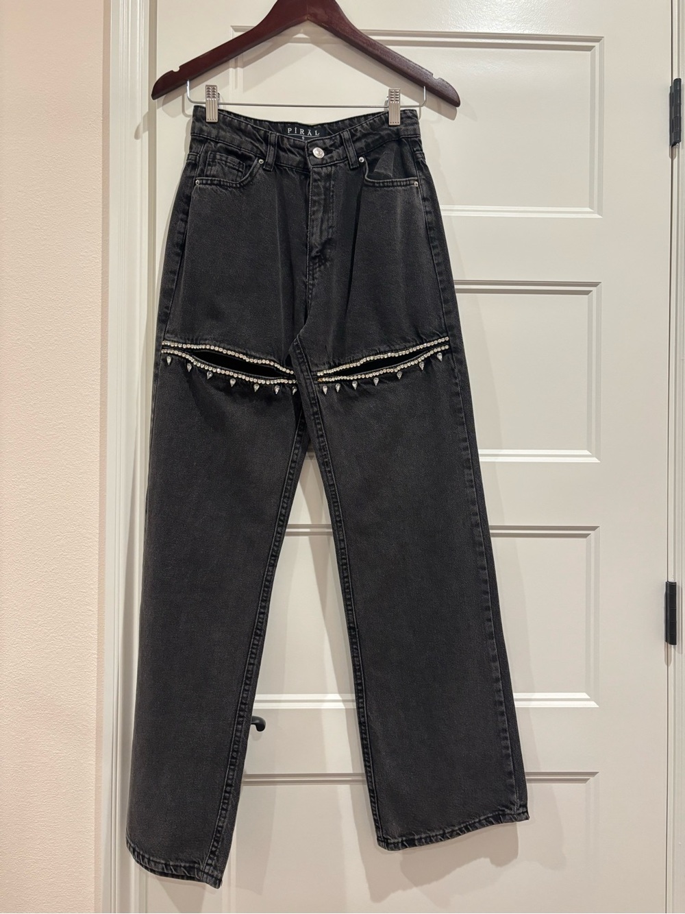 PIRAL Black Rhinestone 100% Cotton Straight Leg Jeans — Size S (25–26) - Picture 2 of 5